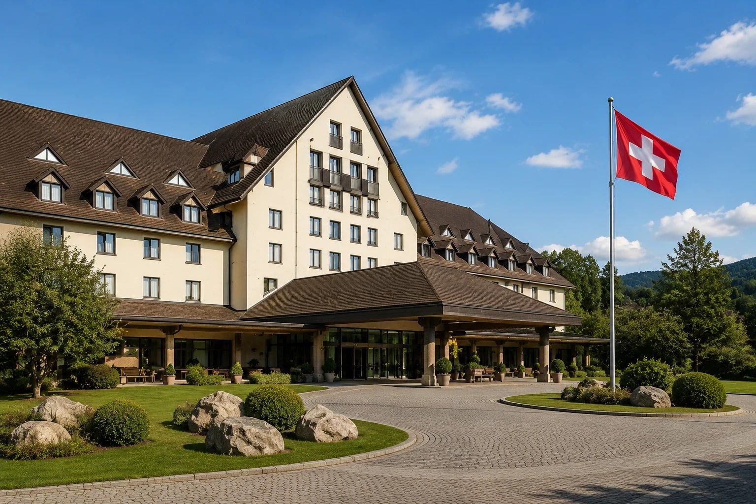 The Mövenpick Hotel Egerkingen by day: a chalet-style building with a steep dark roof and dormer windows, the covered entrance canopy on wooden pillars, the cobbled driveway and lawn in front, the Swiss flag on its mast, wooded hills behind.