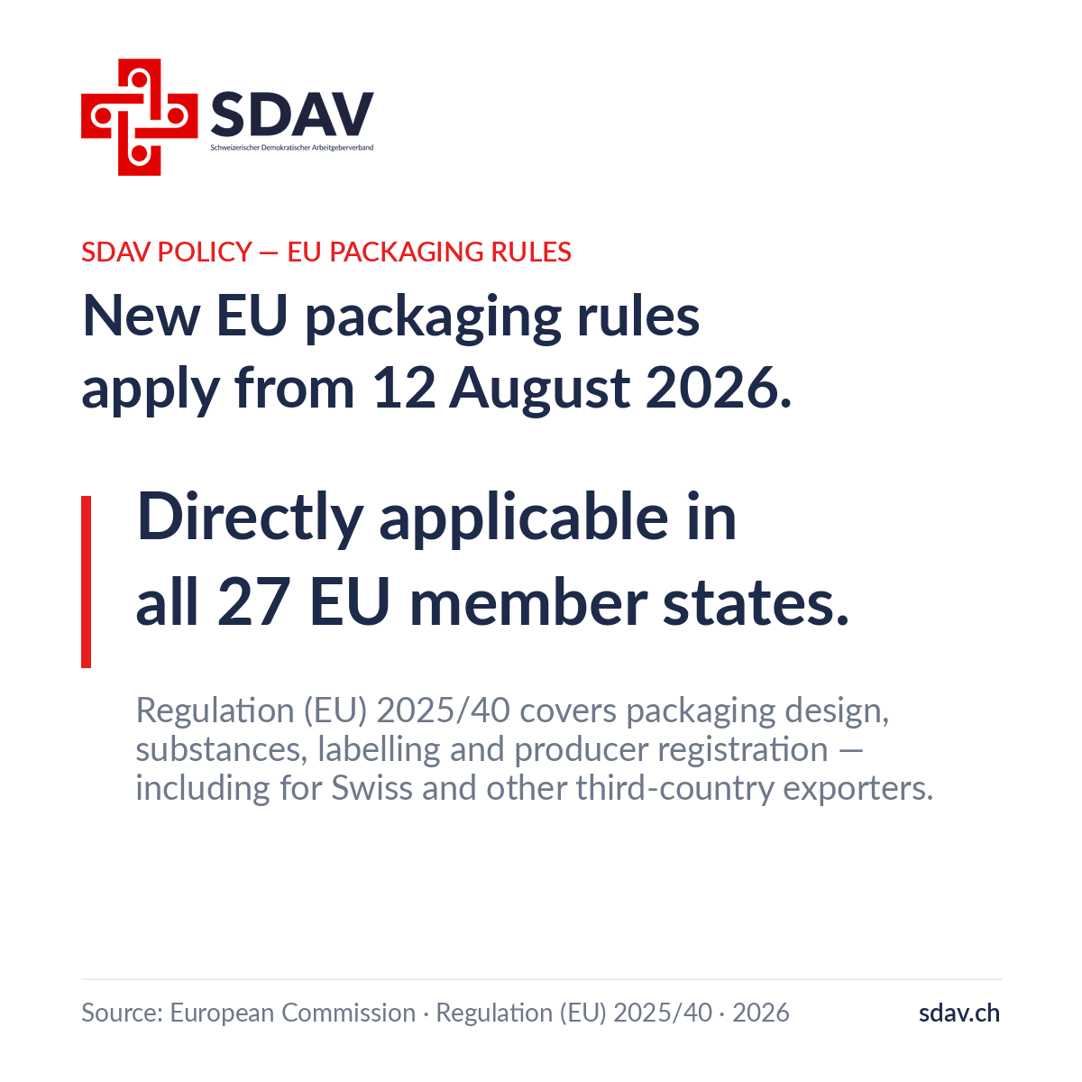 SDAV insight card titled "New EU packaging rules apply from 12 August 2026." Main statement: directly applicable in all 27 EU member states. Supporting text: Regulation (EU) 2025/40 covers packaging design, substances, labelling and producer registration — including for Swiss and other third-country exporters. Source: European Commission, Regulation (EU) 2025/40.